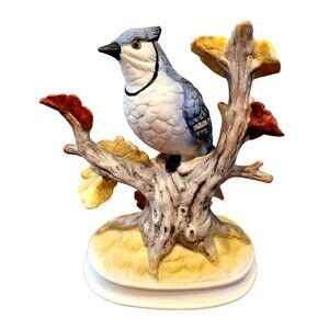 Enesco Blue Jay Bird in Tree Figurine Vintage 1979 Enesco Porcelain 6.5" JH1380